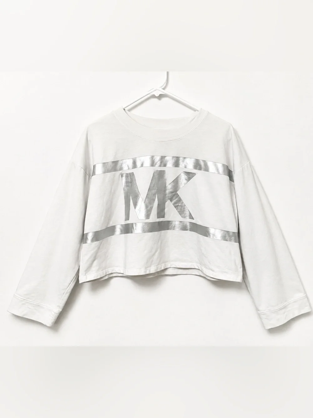 MICHAEL Michael Kors Cropped Sweatshirt L White Metallic Silver MK Logo